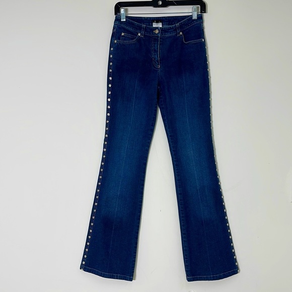 Escada High Rise Signature Studded Structured Flare Medium Wash Jeans EUC 26 /34 - Picture 2 of 12